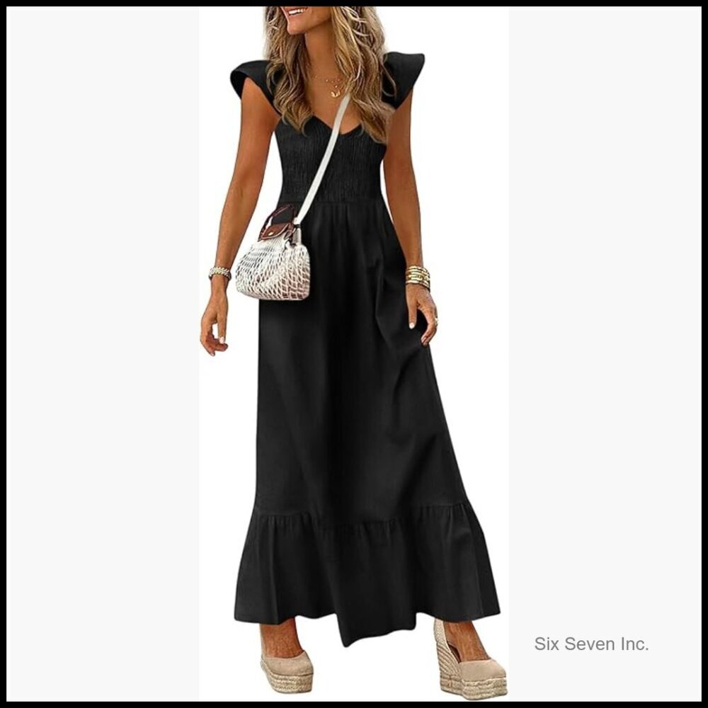 Lyocell Cotton Maxi Dress with Smocked Bodice and Side Pockets